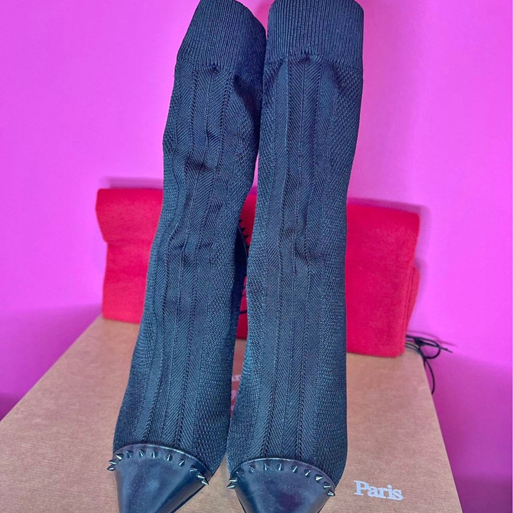 Louis Vuitton Black Knit Ankle Boots with Studded Toes